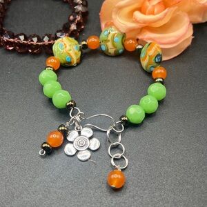 Green/Orange Beaded wire Bracelet with Silver Accents and acrylic bracelet set